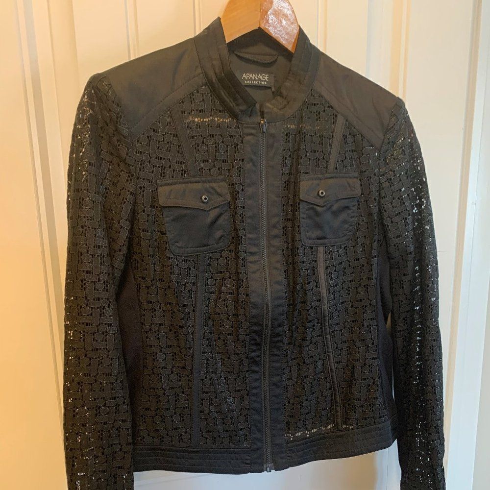 Apanage jacket, all lace, unlined, EUC, long sleeves, jean jacket inspired, zip